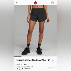 NWT lululemon 4in Hotty Hot Shorts in Black Size 12